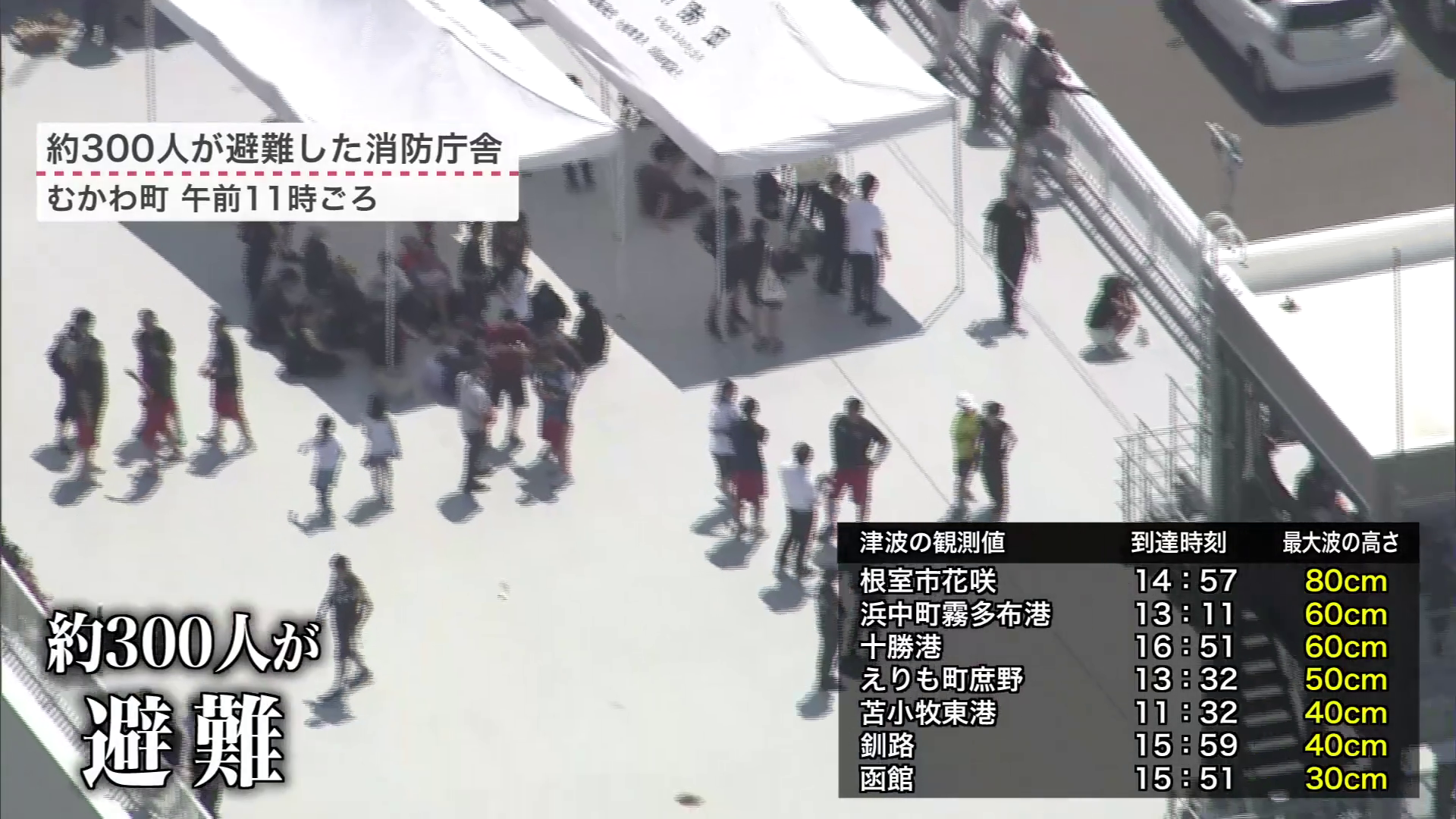 むかわ町の消防署屋上に避難する人たち