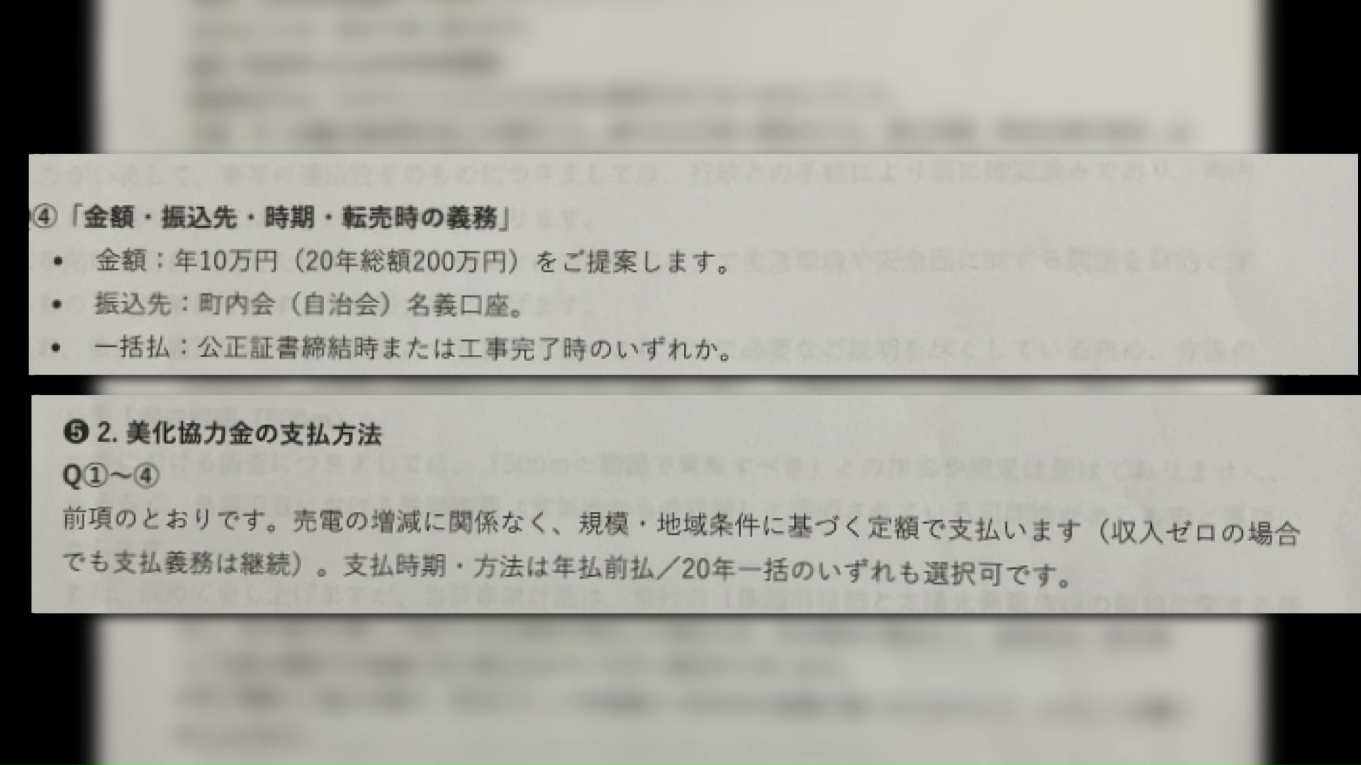 「美化協力金」として現金200万円を支払う提案(地元民提供の資料より)