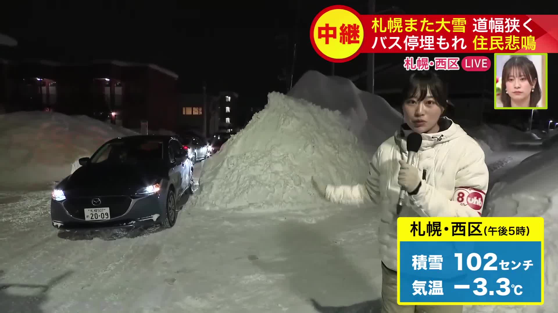 雪により幅が狭まった車道