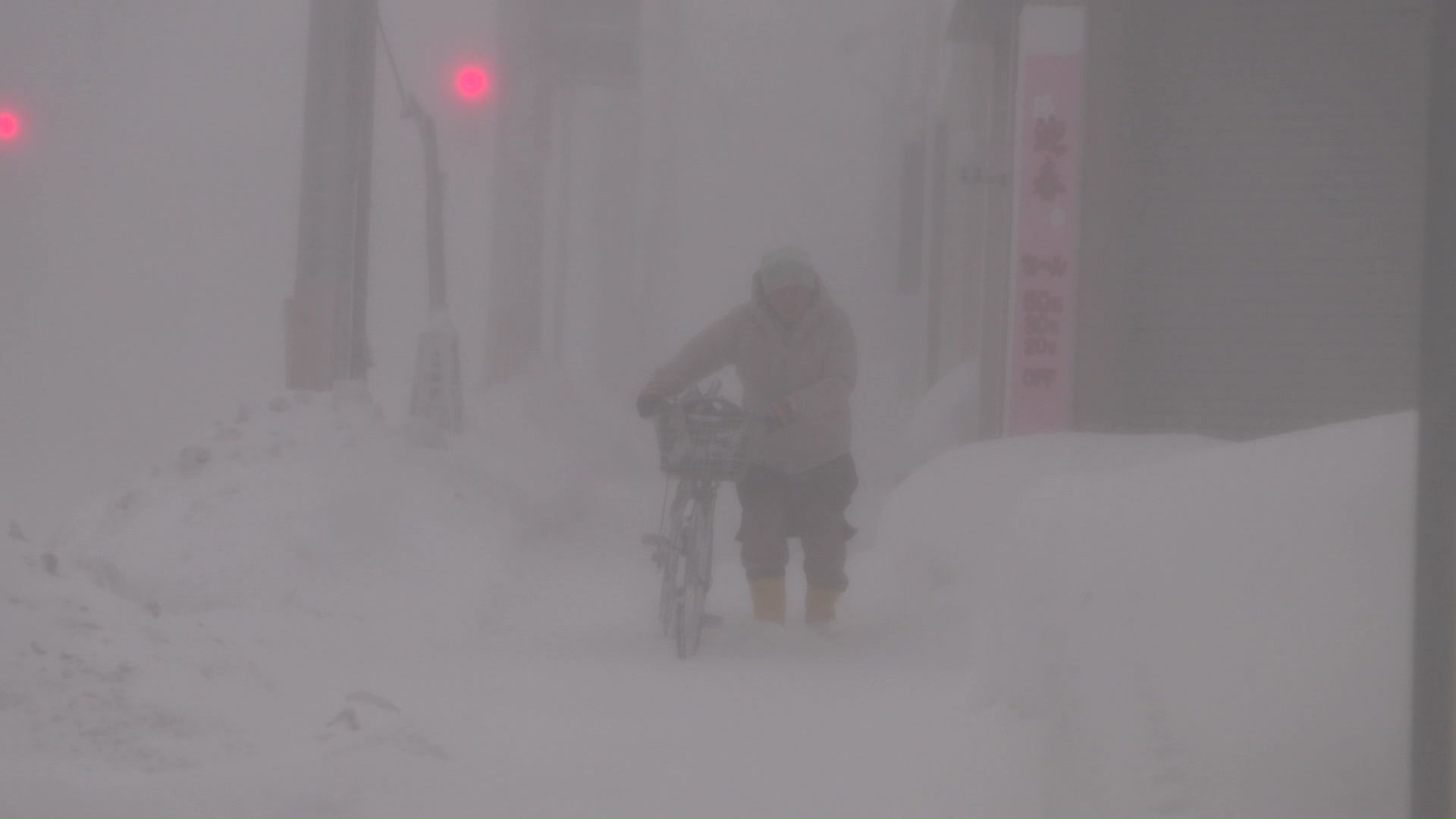 猛吹雪中の歩行者