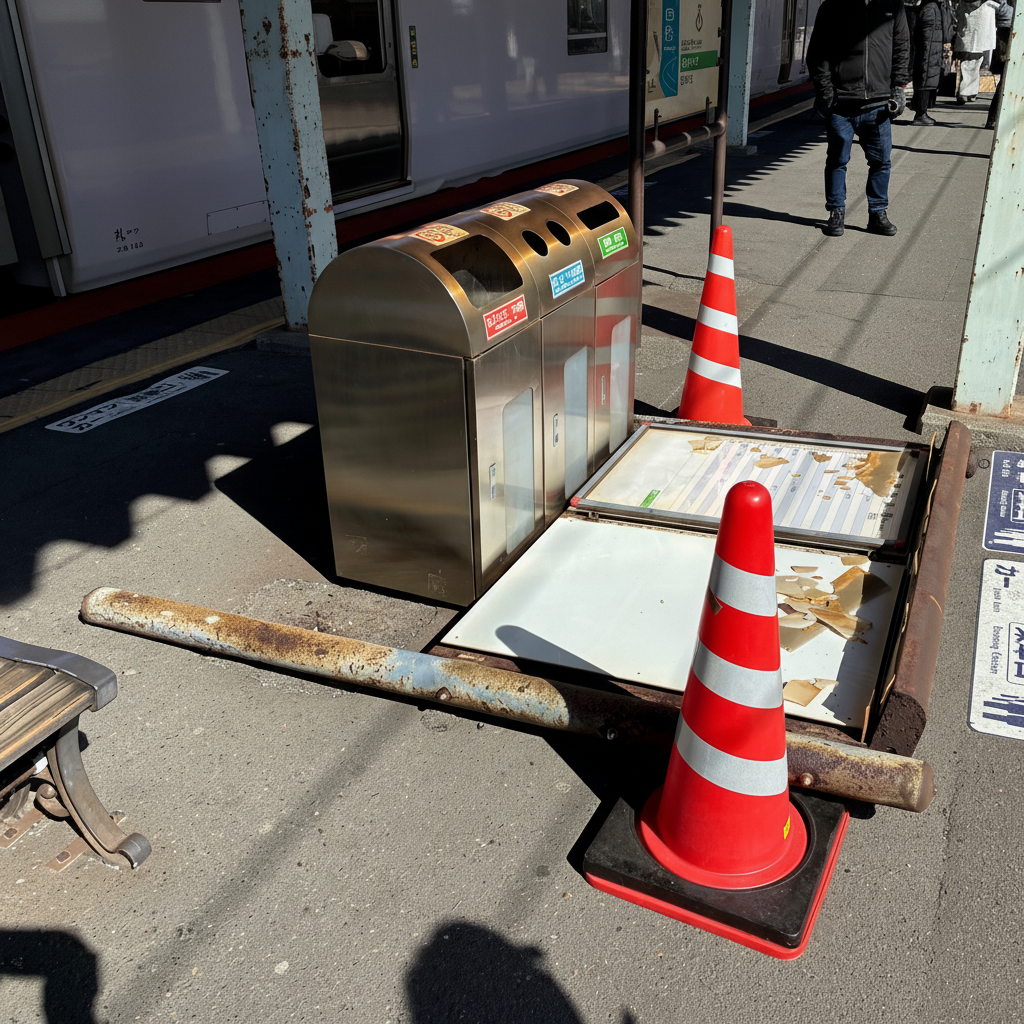 突然倒れた案内看板