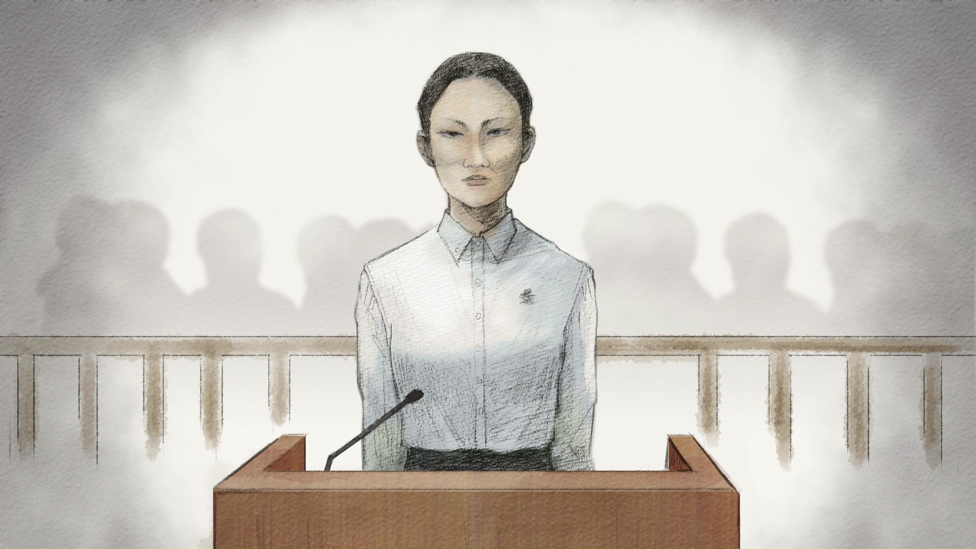 廷内の内田梨瑚被告(イラスト)